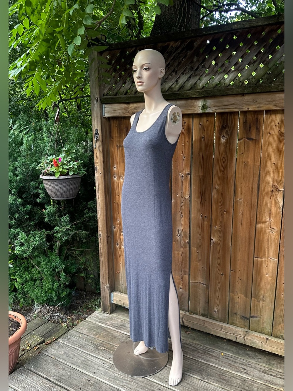 Roots Sleeveless Charcoal Grey Maxi Dress with Side Slit